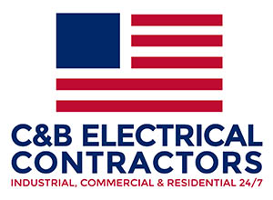 C&B Electrical Contractors logo. The company name in navy and red underneath an american flag graphic.